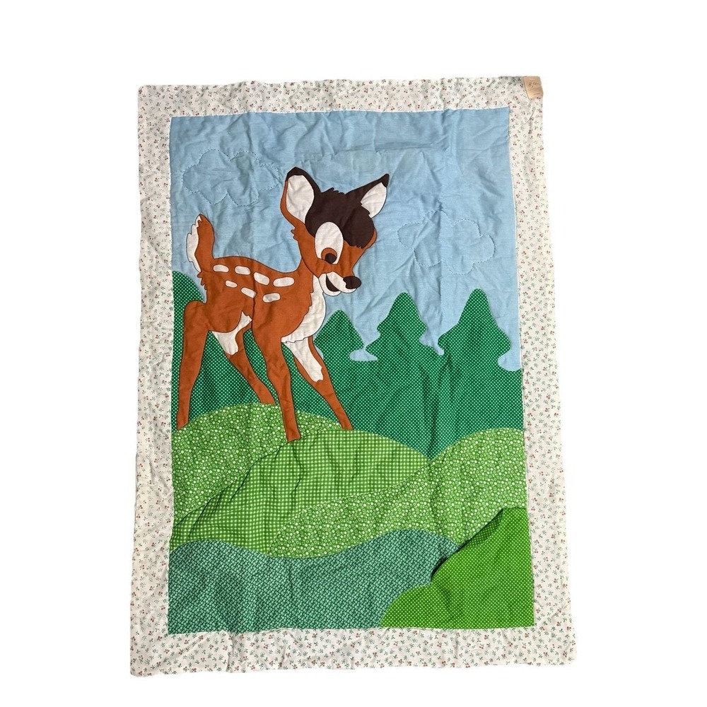 Vintage Disney Bambi Baby Quilt Applique Nursery Blanket Green Gingham Floral